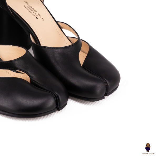 Woodchuck Sato Black Leather Tabi Ankle Strap Block Heels (6cm)