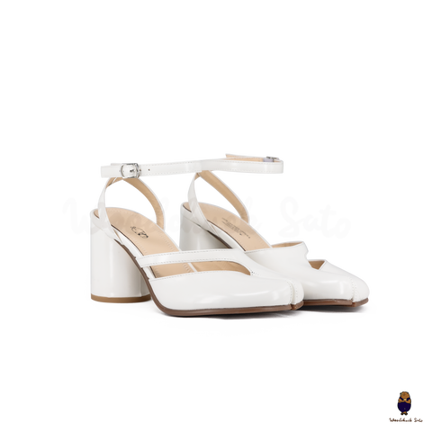 Woodchuck Sato White Leather Tabi Ankle Strap Block Heel (6cm)