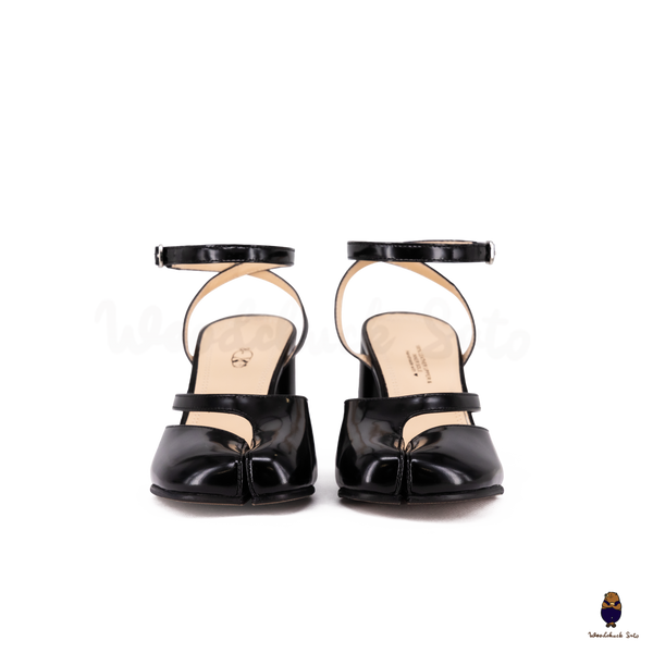 Woodchuck Sato Black Patent Leather Tabi Ankle Strap Block Heels (6cm)