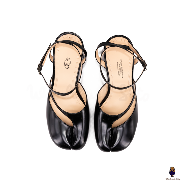 Woodchuck Sato Black Patent Leather Tabi Ankle Strap Block Heels (6cm)