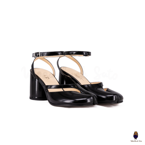 Woodchuck Sato Black Patent Leather Tabi Ankle Strap Block Heels (6cm)