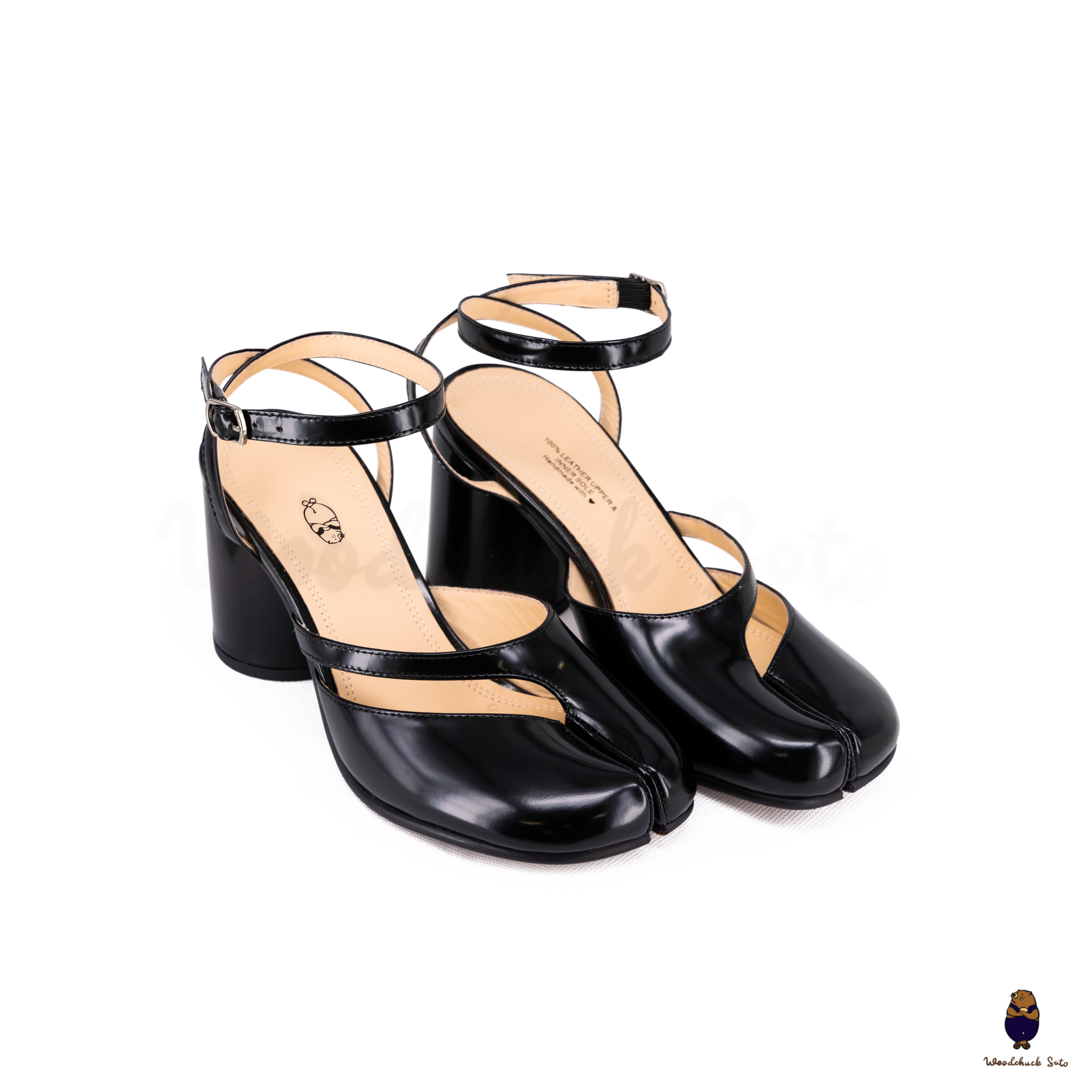 Woodchuck Sato Black Patent Leather Tabi Ankle Strap Block Heels (6cm)