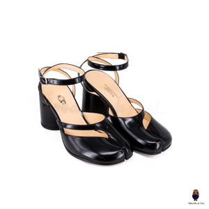 Woodchuck Sato Black Patent Leather Tabi Ankle Strap Block Heels (6cm)