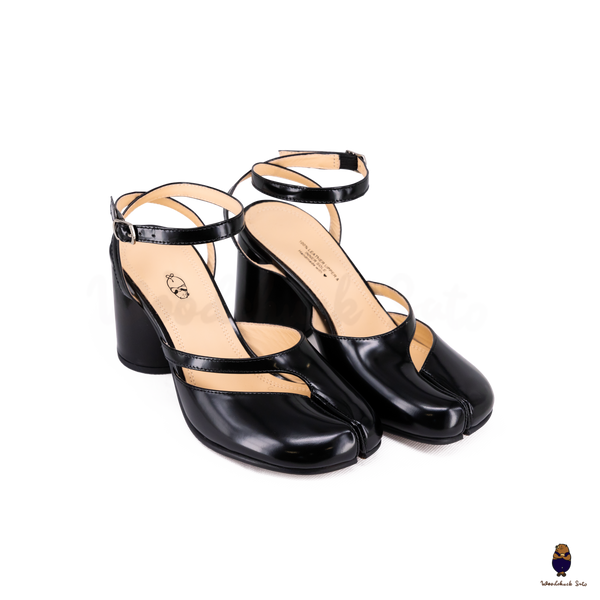 Woodchuck Sato Black Patent Leather Tabi Ankle Strap Block Heels (6cm)