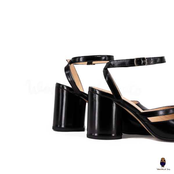 Woodchuck Sato Black Patent Leather Tabi Ankle Strap Block Heels (6cm)