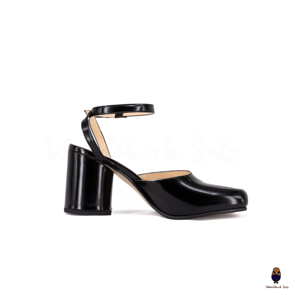 Woodchuck Sato Black Patent Leather Tabi Ankle Strap Block Heels (6cm)