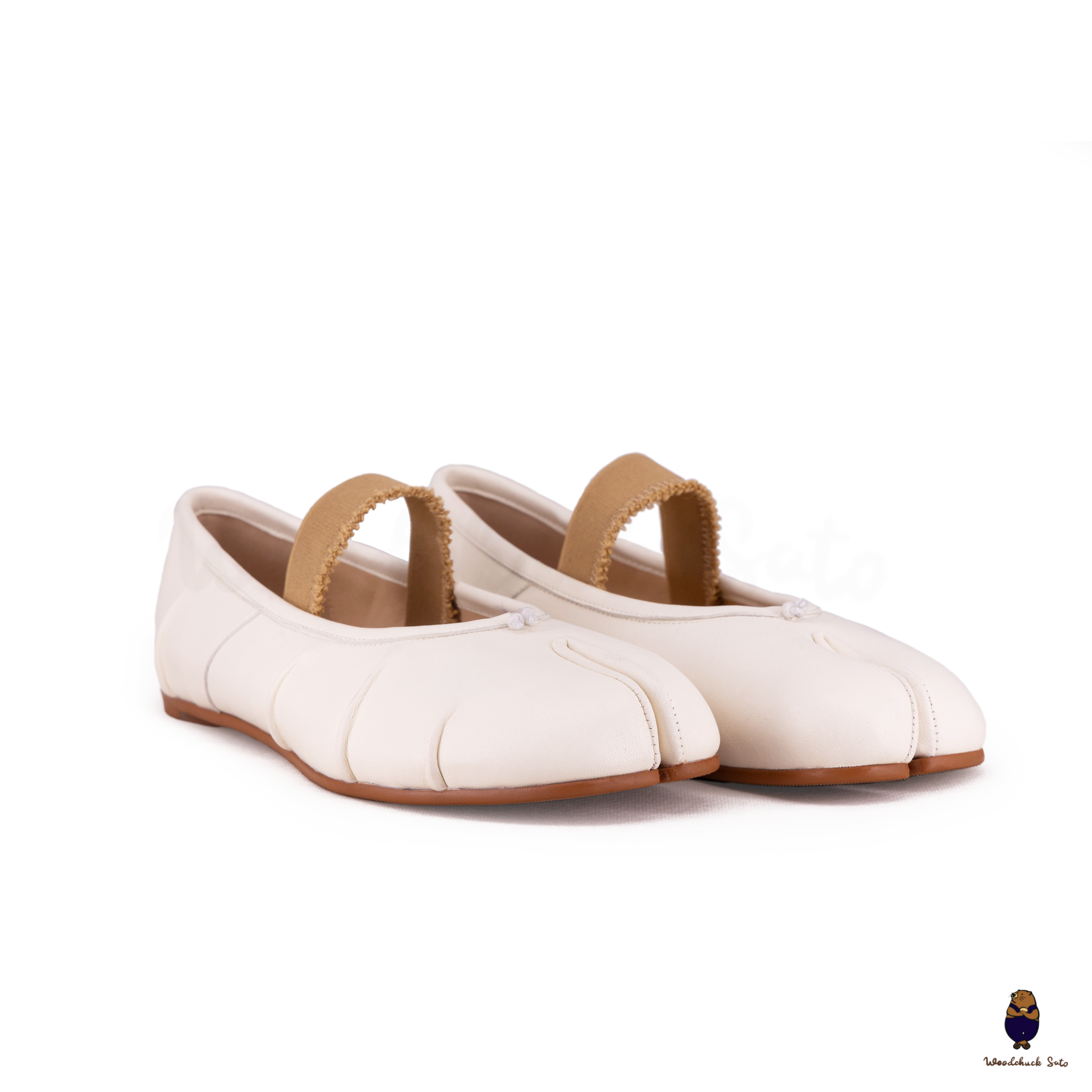 WoodChuckSato Bailarinas de cuero "envejecido" con puntera dividida Tabi blanca para hombre y mujer con banda elástica Tallas EU 35-45