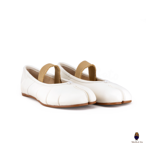 WoodchuckSato White Leather Tabi Flats with Ruched and Beige Elastic Strap