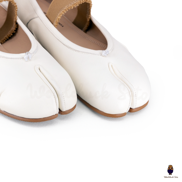WoodchuckSato White Leather Tabi Flats with Ruched and Beige Elastic Strap