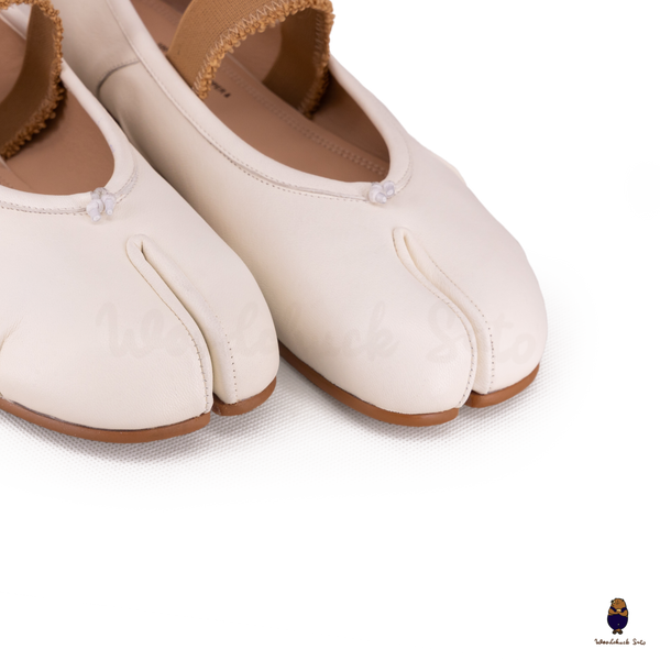 WoodChuckSato Bailarinas de cuero "envejecido" con puntera dividida Tabi blanca para hombre y mujer con banda elástica Tallas EU 35-45