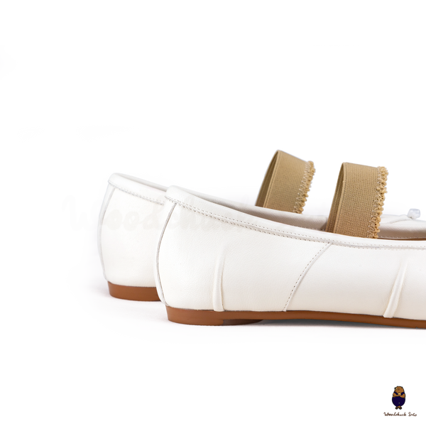 WoodchuckSato White Leather Tabi Flats with Ruched and Beige Elastic Strap
