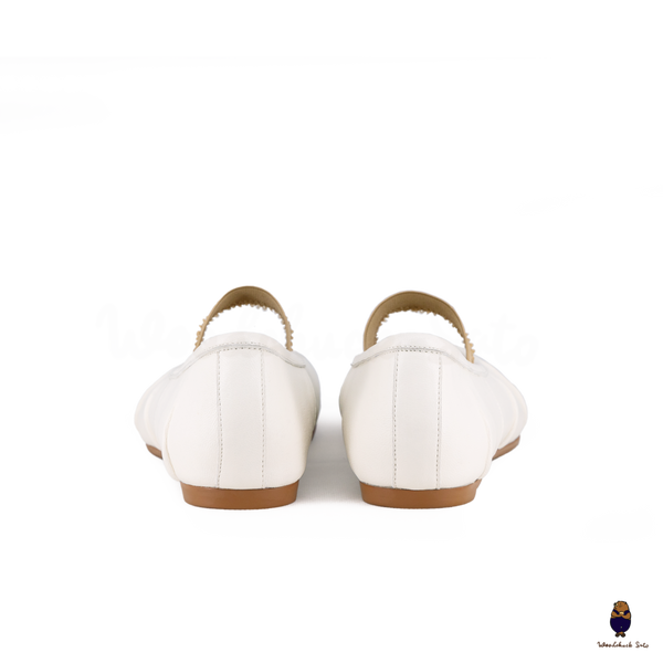 WoodchuckSato White Leather Tabi Flats with Ruched and Beige Elastic Strap