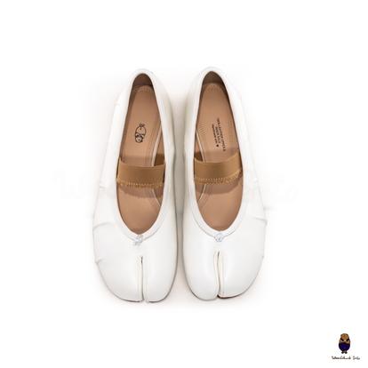 WoodchuckSato White Fold Leather Tabi Flats with Beige Elastic