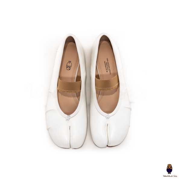 WoodchuckSato White Leather Tabi Flats with Ruched and Beige Elastic Strap