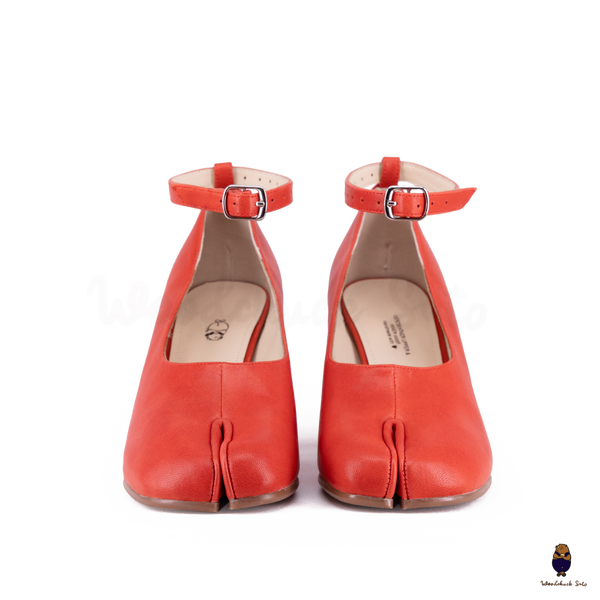 WoodChuckSato Bright Red Tabi Split-Toe Leather Mary Jane Pumps with 8cm Heels & Ankle Strap Buckle Sizes EU 35-41