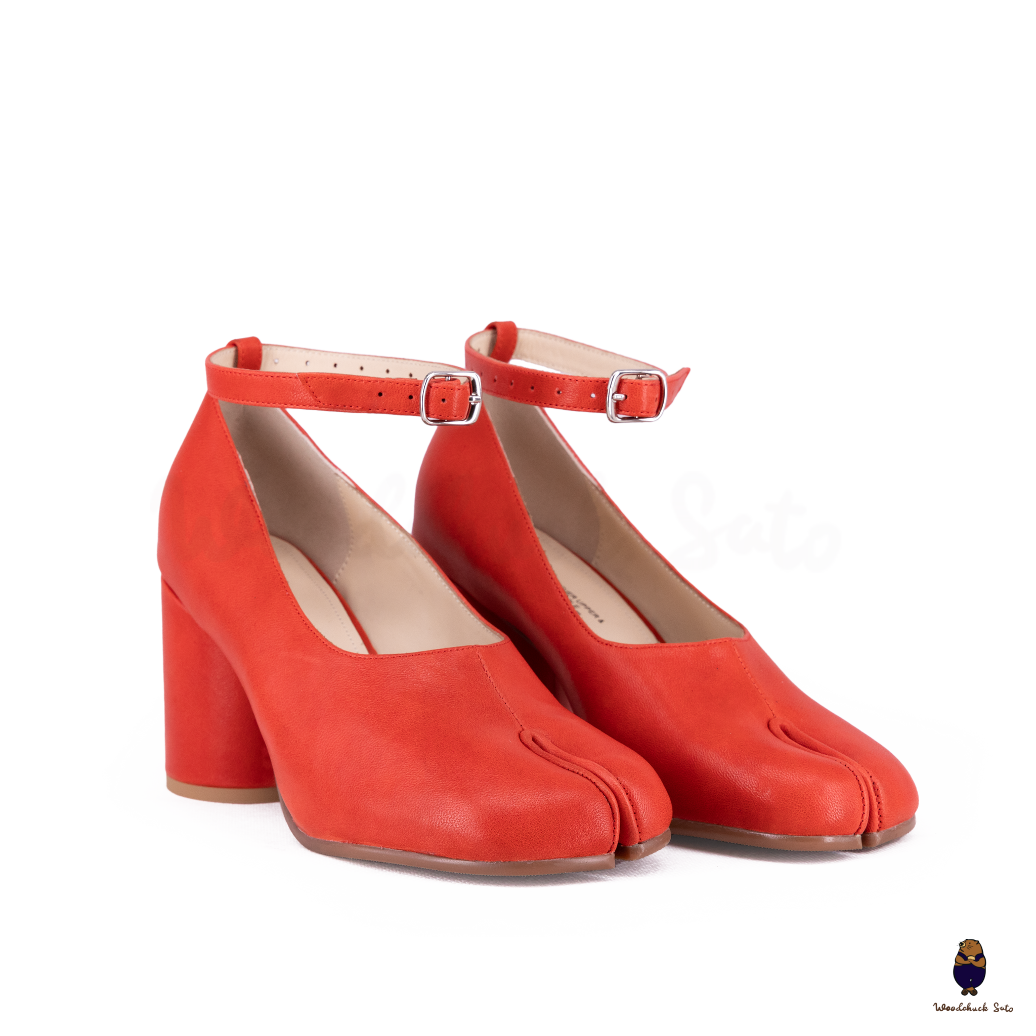 WoodChuckSato Bright Red Tabi Split-Toe Leather Mary Jane Pumps with 8cm Heels & Ankle Strap Buckle Sizes EU 35-41