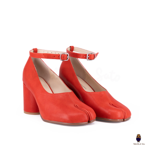 WoodChuckSato Bright Red Tabi Split-Toe Leather Mary Jane Pumps with 8cm Heels & Ankle Strap Buckle Sizes EU 35-41