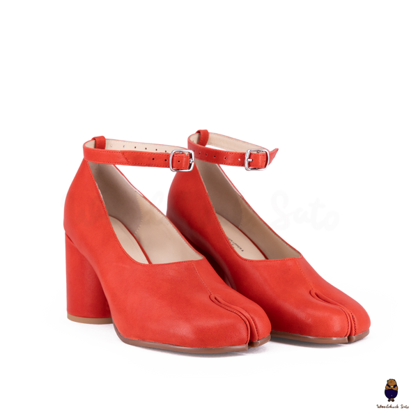 WoodChuckSato Bright Red Tabi Split-Toe Leather Mary Jane Pumps with 8cm Heels & Ankle Strap Buckle Sizes EU 35-41