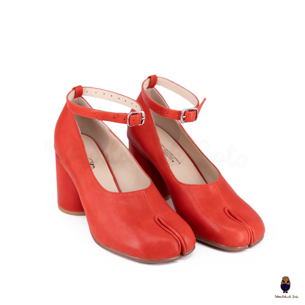WoodChuckSato Bright Red Tabi Split-Toe Leather Mary Jane Pumps with 8cm Heels & Ankle Strap Buckle Sizes EU 35-41
