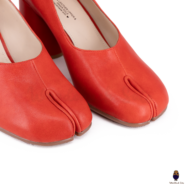 WoodChuckSato Bright Red Tabi Split-Toe Leather Mary Jane Pumps with 8cm Heels & Ankle Strap Buckle Sizes EU 35-41