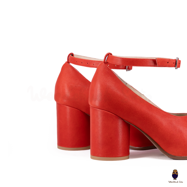 WoodChuckSato Bright Red Tabi Split-Toe Leather Mary Jane Pumps with 8cm Heels & Ankle Strap Buckle Sizes EU 35-41