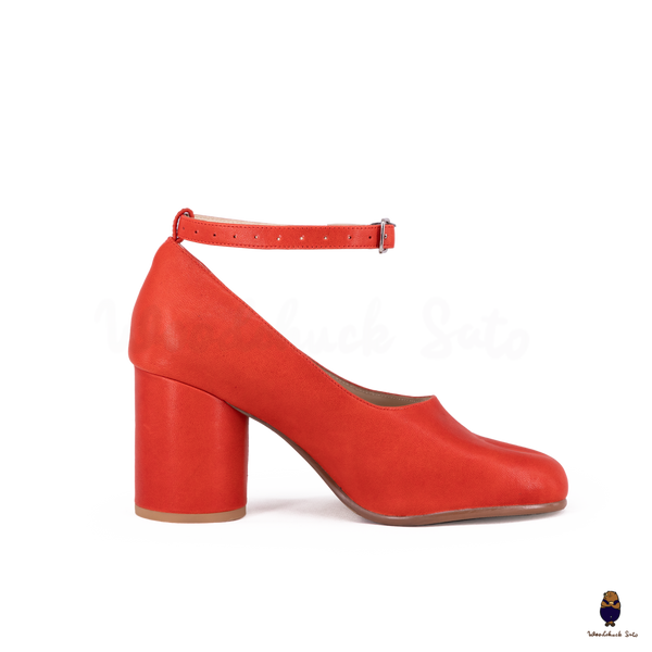WoodChuckSato Bright Red Tabi Split-Toe Leather Mary Jane Pumps with 8cm Heels & Ankle Strap Buckle Sizes EU 35-41