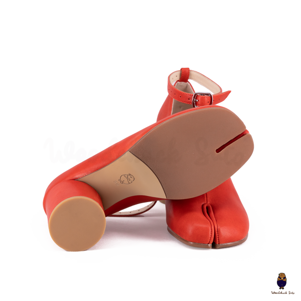 WoodChuckSato Bright Red Tabi Split-Toe Leather Mary Jane Pumps with 8cm Heels & Ankle Strap Buckle Sizes EU 35-41