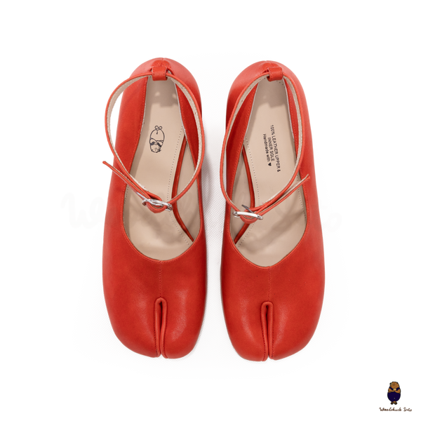 WoodChuckSato Bright Red Tabi Split-Toe Leather Mary Jane Pumps with 8cm Heels & Ankle Strap Buckle Sizes EU 35-41