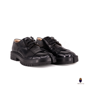 WoodchuckSato Unisex Black Glossy Leather Tabi Lace-Up Shoes – Chunky Sole Edition