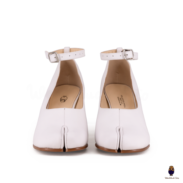 WoodChuckSato White Tabi Split-Toe Leather Mary Jane Pumps with 8cm Heels & Ankle Strap Buckle Sizes EU 35-41