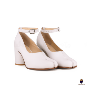 WoodChuckSato White Tabi Split-Toe Leather Mary Jane Pumps with 8cm Heels & Ankle Strap Buckle Sizes EU 35-41