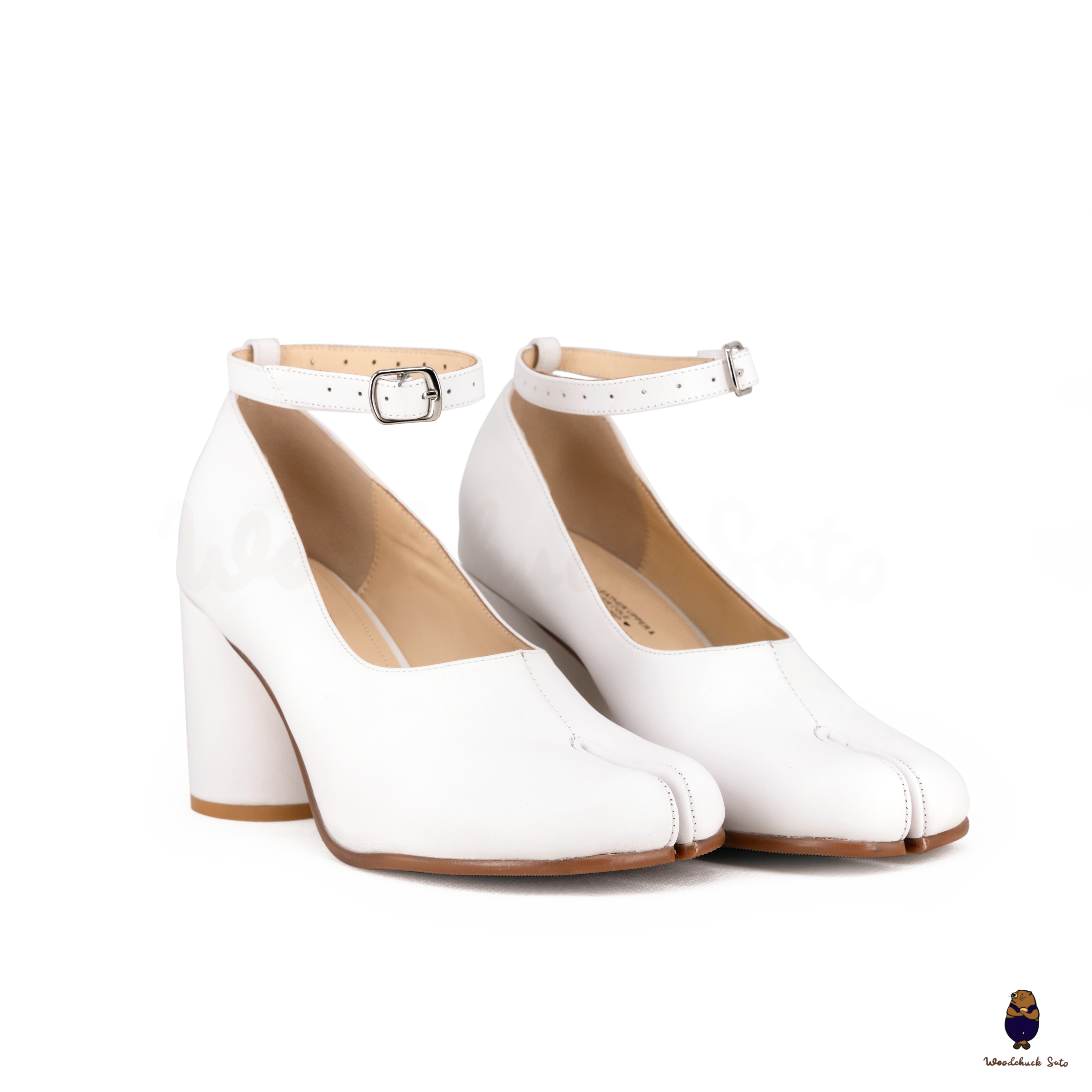 WoodchuckSato White Cow Leather Tabi 8 cm Heels with Ankle Strap