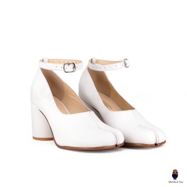 WoodchuckSato White Cow Leather Tabi Block Heels with 8cm Heel and Ankle Strap
