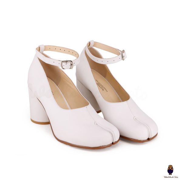 WoodChuckSato White Tabi Split-Toe Leather Mary Jane Pumps with 8cm Heels & Ankle Strap Buckle Sizes EU 35-41