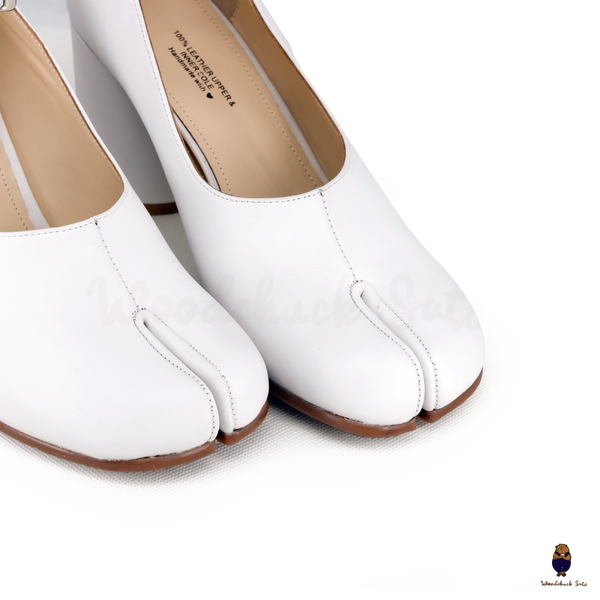 WoodchuckSato White Cow Leather Tabi Block Heels with 8cm Heel and Ankle Strap