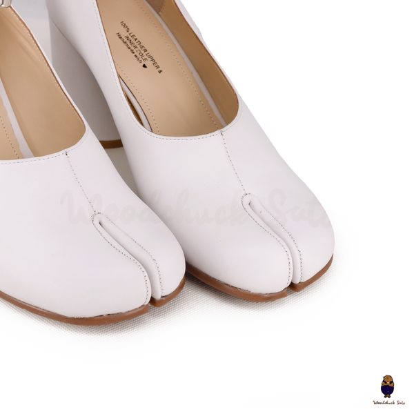 WoodChuckSato White Tabi Split-Toe Leather Mary Jane Pumps with 8cm Heels & Ankle Strap Buckle Sizes EU 35-41