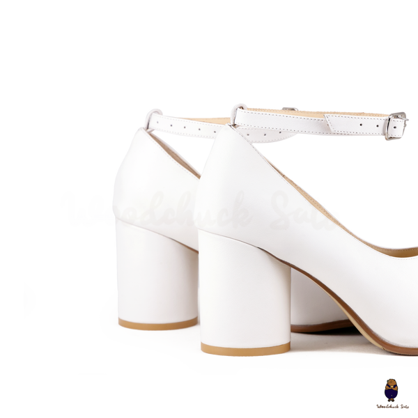 WoodchuckSato White Cow Leather Tabi Block Heels with 8cm Heel and Ankle Strap