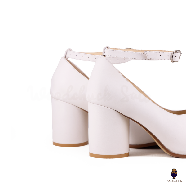 WoodChuckSato White Tabi Split-Toe Leather Mary Jane Pumps with 8cm Heels & Ankle Strap Buckle Sizes EU 35-41