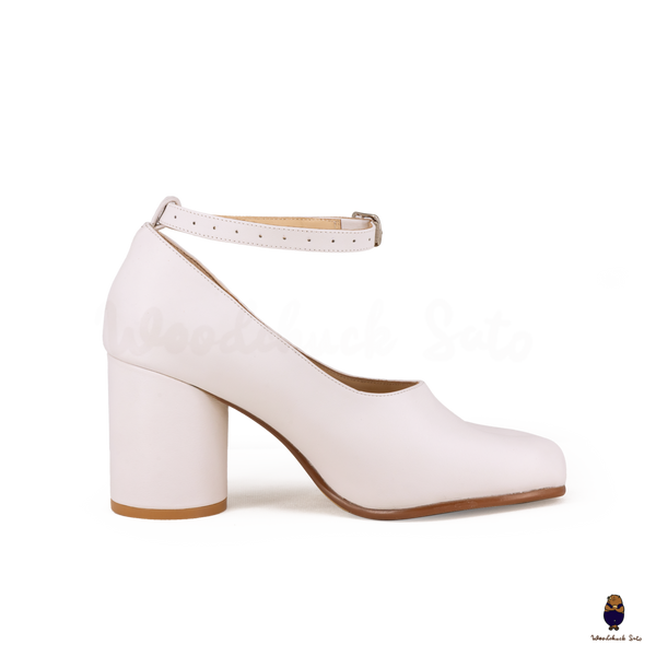 WoodChuckSato White Tabi Split-Toe Leather Mary Jane Pumps with 8cm Heels & Ankle Strap Buckle Sizes EU 35-41