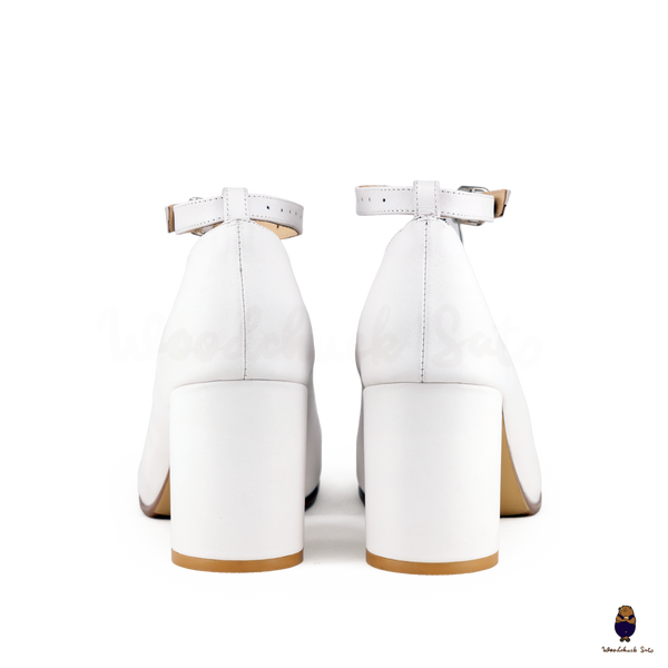 WoodchuckSato White Cow Leather Tabi Block Heels with 8cm Heel and Ankle Strap