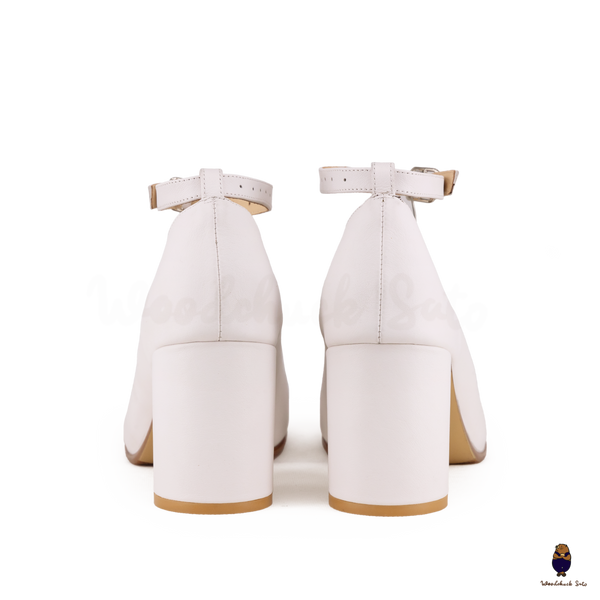 WoodChuckSato White Tabi Split-Toe Leather Mary Jane Pumps with 8cm Heels & Ankle Strap Buckle Sizes EU 35-41