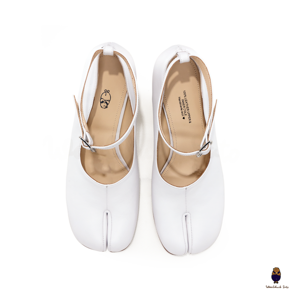 WoodchuckSato White Cow Leather Tabi Block Heels with 8cm Heel and Ankle Strap