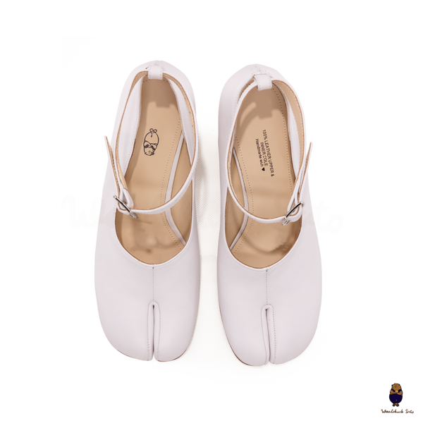 WoodChuckSato White Tabi Split-Toe Leather Mary Jane Pumps with 8cm Heels & Ankle Strap Buckle Sizes EU 35-41