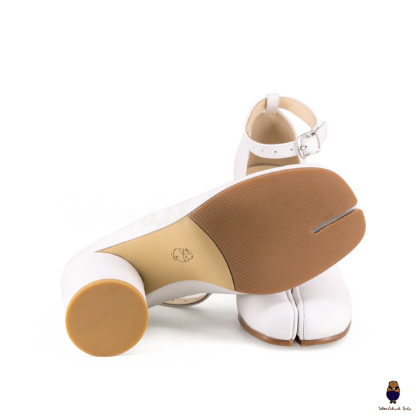 WoodchuckSato White Cow Leather Tabi Block Heels with 8cm Heel and Ankle Strap