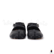 WoodChuckSato Women's Men's Black Tabi Split-Toe Sheep Leather Mary Jane Shoes with Buckle Strap Sizes EU 35-44
