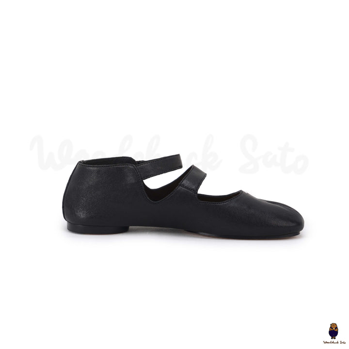 WoodChuckSato Women's Men's Black Tabi Split-Toe Sheep Leather Mary Jane Shoes with Buckle Strap Sizes EU 35-44