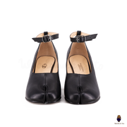 WoodChuckSato Black Tabi Split-Toe Leather Mary Jane Pumps with 8cm Heels & Ankle Strap Buckle Sizes EU 35-41