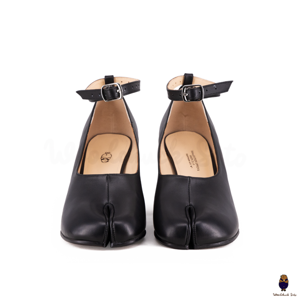 WoodChuckSato Black Tabi Split-Toe Leather Mary Jane Pumps with 8cm Heels & Ankle Strap Buckle Sizes EU 35-41