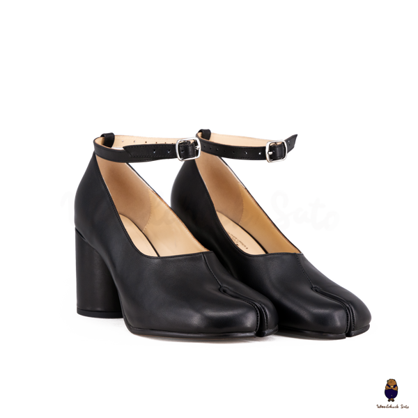 WoodChuckSato Black Tabi Split-Toe Leather Mary Jane Pumps with 8cm Heels & Ankle Strap Buckle Sizes EU 35-41