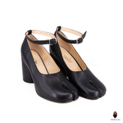 WoodChuckSato Black Tabi Split-Toe Leather Mary Jane Pumps with 8cm Heels & Ankle Strap Buckle Sizes EU 35-41
